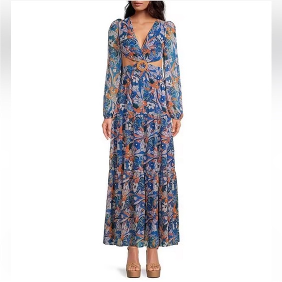 Gianni Bini Dresses & Skirts - Gianni Bini Lillian Blue Floral Maxi Dress Size 0 V-Neck Cut-Out Open Back NEW